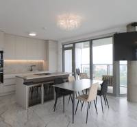 A kitchen in a 3-room apartment with a dining table, wood-patterned flooring, and large windows.