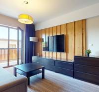 Living room of a two-room apartment with a sofa, TV, and balcony doors.