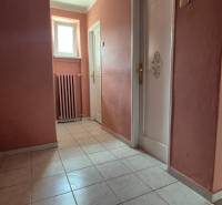 A hallway in a 3-room apartment with tiles, a radiator, and two doors.