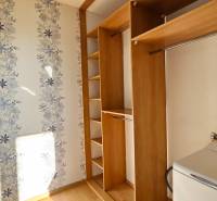 Wardrobe space with wooden shelves and a washing machine in a studio apartment.