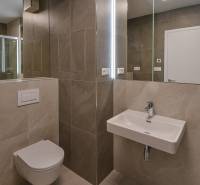A bathroom with a wall-mounted toilet, sink, and shower in a 3-room apartment.
