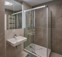 A bathroom in a 3-room apartment with a sink, shower, and mirror with tiles.