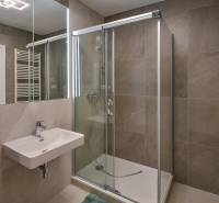 Bathroom with a shower and a mirror in a 3-room apartment.