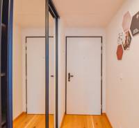 A hallway with mirrored doors and wooden flooring in a 3-room apartment.