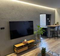 Living room in a 3-room apartment with a modern TV, plants, and a bar counter with high stools.