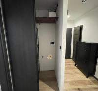 A hallway in a 3-room apartment with wooden flooring and dark furniture.