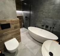 A bathroom in a 3-room apartment with a freestanding bathtub, shower, and sink.