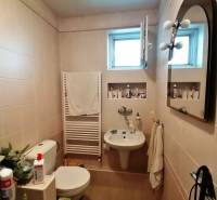 A bathroom in a family house with a sink, mirror, and shelves with light tiles.