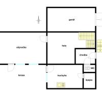 Floor plan of a family house with a garage, living room, terrace, kitchen, hallway, and toilet.