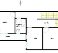 Floor plan of a family house with a living room, bedroom, bathroom with toilet, and a loggia.