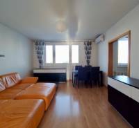 Living room in a three-room apartment with an orange sofa and a wooden decor floor.