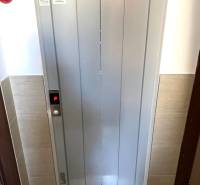 Elevator in a 3-room apartment with the real estate agency's logo on the door.