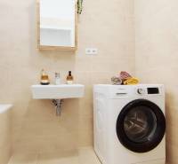 A bathroom in a 2-room apartment with a sink, a washing machine, and a towel rack.
