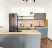 A kitchen in a 2-room apartment with a dark gray and wooden kitchen unit.