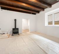 Living room with a wood-burning stove in a family house with a wooden ceiling.