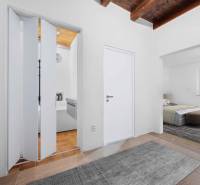 A family house with white folding doors, a bedroom, and a plant inside the room.
