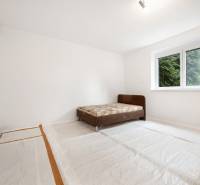 A room in a family house contains a bed and has a view of the forest through the window.
