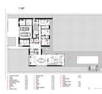 Ground floor plan of a family house with a swimming pool, garage, and garden storage.