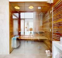 Glass sauna with wooden walls and a metal radiator in a family house.