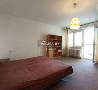A bedroom in a studio apartment with a bed and a shelving unit, light curtains.