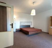 Bright bedroom in a studio apartment with a bed, lamp, and furniture.