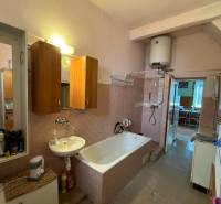 A bathroom in a family house with a shower, a bathtub, and wooden cabinets.