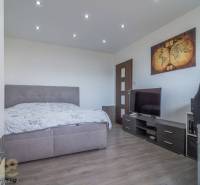 Bedroom in a 3-room apartment with a bed, television, and a map on the wall.