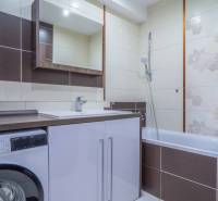 A bathroom in a 3-room apartment with a shower, a washing machine, and a sink cabinet.