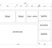 Floor plan of a family house with rooms: storage, workshop, bedrooms, kitchen.