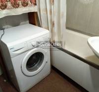 Bathroom in a studio apartment with a washing machine, bathtub, and carpet.