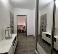 Interior of a 3-room apartment with storage space and a living room in the background.