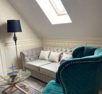 Living room in a 2-room apartment with a sofa, an armchair, and a skylight.