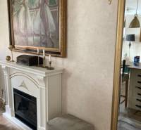 Living room in a 2-room apartment with a stylish fireplace, a painting of ballerinas, and a large mirror.