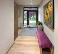 A hallway in a family house with a painting of sunflowers and a purple bench.