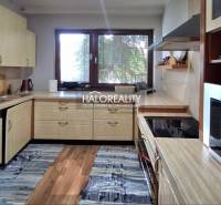 A kitchen in a family house with wooden cabinets and a kitchen counter.
