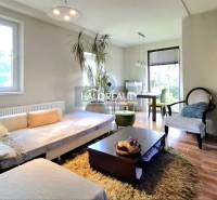 Living room with comfortable seating, dining table, and large windows in a family house.