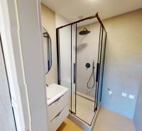 A bathroom in a 2-room apartment with a shower and a sink.
