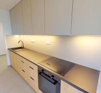 A kitchen in a 2-room apartment with a modern countertop and built-in appliances.