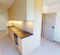 A kitchen in a 2-room apartment with wooden cabinets, a black countertop, and a sink.