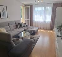 A comfortable living area with a large sofa and glass doors in a three-room apartment.