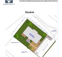 Floor plan of an apartment building, indicating parking spaces and greenery, in Dolná Strehová.