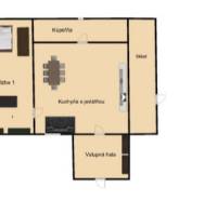 Floor plan of a family house with a kitchen, dining room, bedroom, and entrance hall.