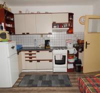 A kitchen in a cabin with wooden floors, cabinets, and appliances.