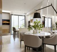 Dining table with plants and lighting in a 3-room apartment, modern interior.