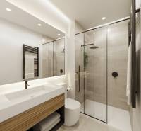 A stylish bathroom in a 3-room apartment with a shower and a sink.