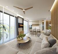 Interior of a 3-room apartment with an open living room, kitchen, and modern furniture.