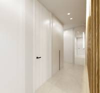 A minimalist hallway in a 3-room apartment with white walls and wooden paneling.
