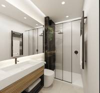 A bathroom in a 3-room apartment with a shower, a mirror, and a wooden sink.