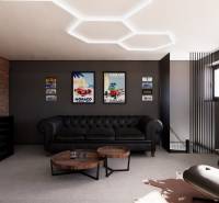 Leather sofa in commercial premises with vintage decorations on the wall.