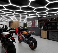 Motorcycles and tools in luxurious commercial spaces with modern lighting.